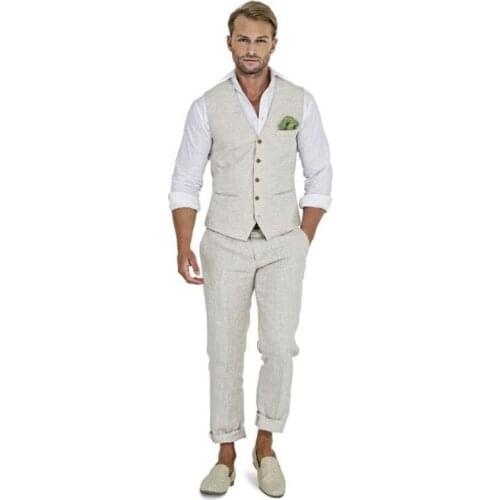 Custom Grey Linen Beach Wedding Men Suits Groom Tuxedos Classic Casual Slim Fit 2 Piece (Vest+Pant) Prom Wear Best Man Blazer