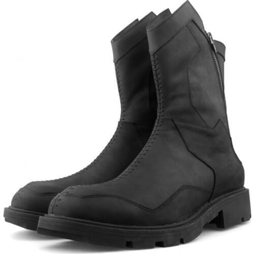 Vintage Patch Stitching Mens Genuine Leather Mid Calf Boots British Winter Warm Round Toe Zip Thick Bottom Male High Top Boots