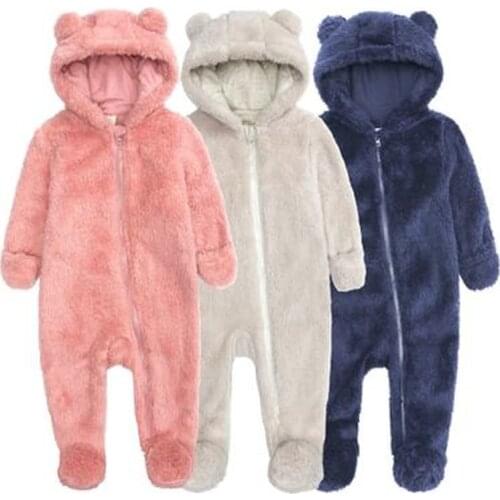0-12m Toddler Clothes Newborn Baby Boys Girls Winter Casual Bear Rompers Long Sleeve with Hooded Velvet Warm Baby Outfit