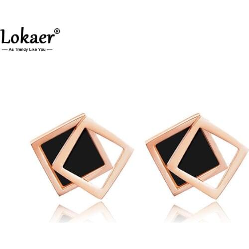 Lokaer Classic Double Square Shell Stud Wedding Earrings For Women Titanium Steel Female Earrings Jewelry Brincos E17043