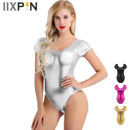 IIXPIN Women Adult Shiny Ballet Leotard Dance Costumes Patent Leather Short Sleeve One-piece Bodysuit Dancewear Ballet Clothing