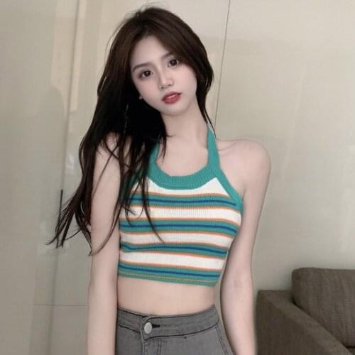 Crop Vintage Halter Neck Exposure Navel Backless Bow Long Tied Female Vest 2021 Knitted Tank Tops Women Sweet Striped