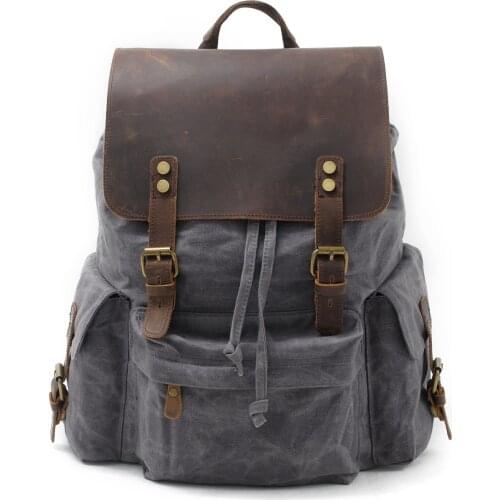 VZVA Leather Computer Bag Leisure Outdoor Hiking Mountaineering Bag Canvas Waterproof Flip Drawstring Mens Backpack