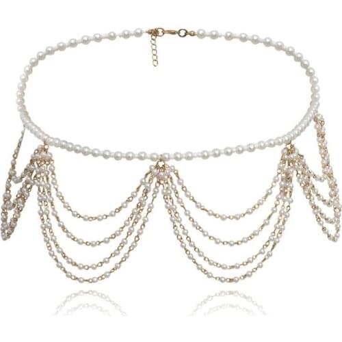 Womens Artificial Pearl Waist Chain Luxury Banquet Dress Decoration Waist Chains Gold Color White Multilayer Chains Waist Chain