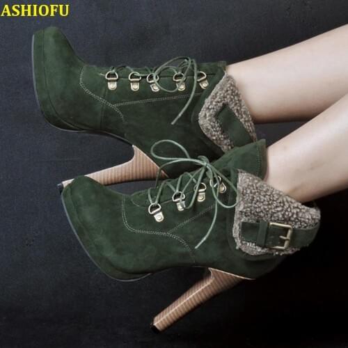 ASHIOFU Handmade Vintage Ladies High Heel Boots Short-brush Shoelace Ankle Boots Winter Party Club Fashion Short Boots Shoes