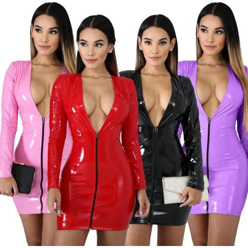 Leather Dress Women Sexy V Neck Long Sleeve Zipper Summer 2021 PU Leather Dresses Black Pink Purple Red Zomerjurk Dames Vestidos