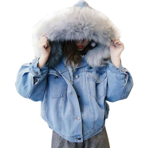 Winter Thick Jean Jacket Faux Fur Collar Women Fleece Hooded Denim Coat Female Padded Warm Outwear Clothing