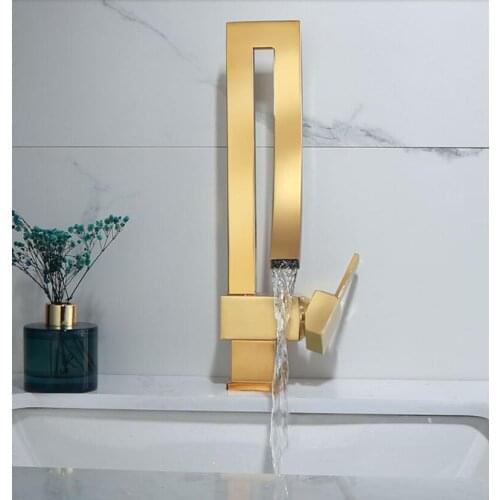 Bathroom Gold Lavatory Waterfall Faucet Hot and Cold Crane Brass Sink Faucet Single Lever Decked Tao
