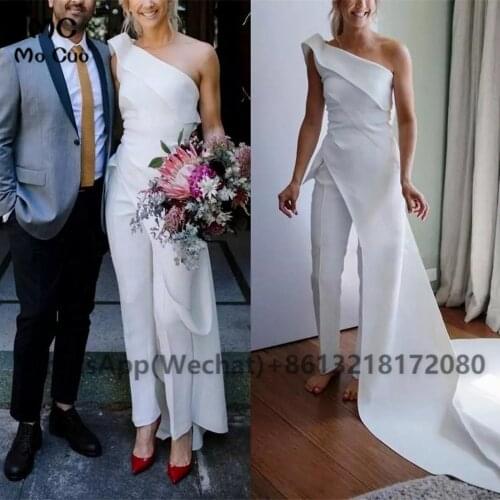 2021 One Shoulder Jumpsuit Wedding Dresses Long with Train Pleated Dresses For Nigerian Wedding White Bridal Gowns