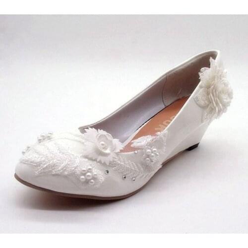 5CM wedges heel white lace flower wedding shoes bride handmde luxury designer bridal bridesmaid party proms dress pumps