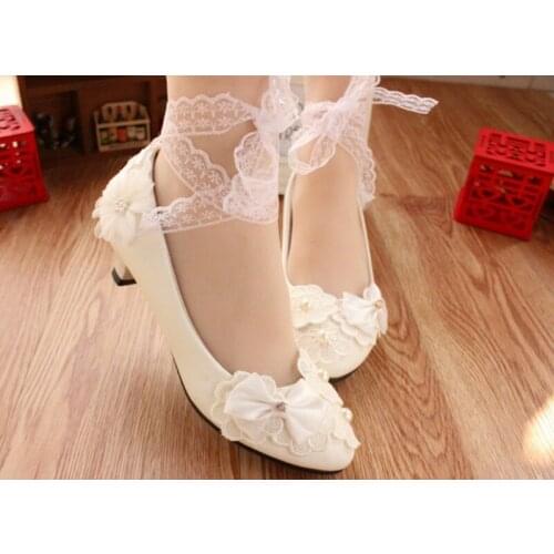 BaoYaFang Fashion white bow tie ribbon Bridesmaid Wedding Dress Shoes high heel handmade Party Dress shoes Round Toe Pumps