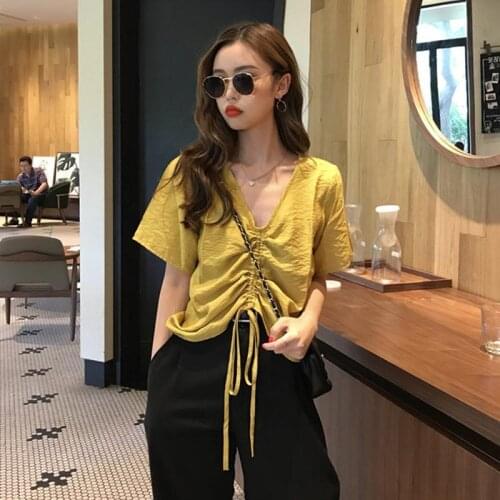 Women Blouse 2021 Spring Summer Loose V-neck Drawstring Short Sleeve T-shirt Top Women Blusas Mujer De Moda