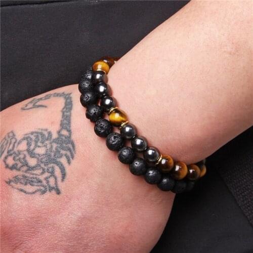 2pcs Natural Tiger Eye Hematite Stone Beads Bracelet 8mm Black Lava Volcanic Beads Charm Bracelet Energy Jewelry for Women Men