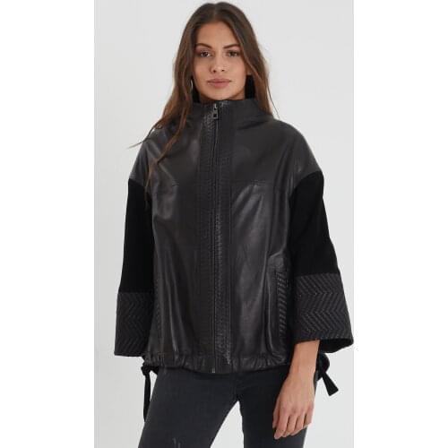 Nero Leather - Women Black Leather Jacket Knitting Detailed - Relaxed Fit