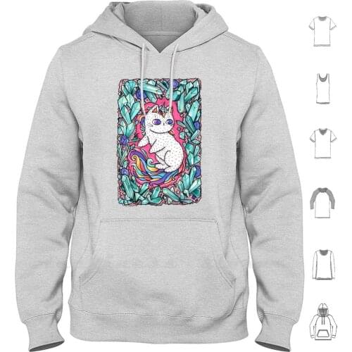 Unicorn Kitty Hoodies Long Sleeve Unicorn Kitty Cute Crystal Colors Pastel Rainbow Magic Pretty Zindyconz