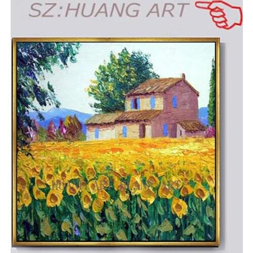 Old painters hand-painted original realistic art on canvas :Oil painting wall decoration Pastoral landscape of sunflower painti