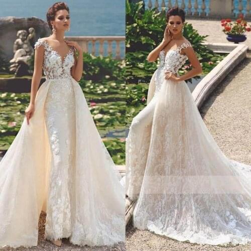 2020 Modern Lace Mermaid Wedding Dresses Detachable Skirt Sxy Sheer Cap Sleeve Scoop Neck Appliqued Summer Boho Bridal Gowns