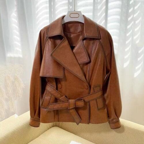 Genuine Jacket Leather Women Coat Spring 2021 New Arrival Real Sheepskin Brown Color Collect Waist Style Turn-Down Collar