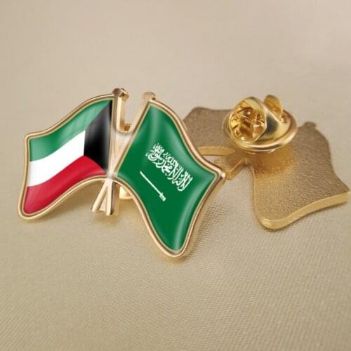 Kuwait and Saudi Arabia Crossed Double Friendship Flags Lapel Pins Brooch Badges