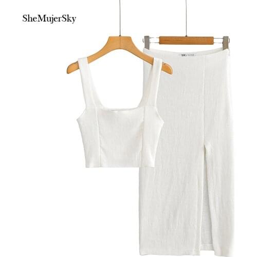 SheMujerSky Summer White Knitted Matching Sets 2021 Camisole Cropped Tops And Midi Skirts 2 Pcs Set Suits