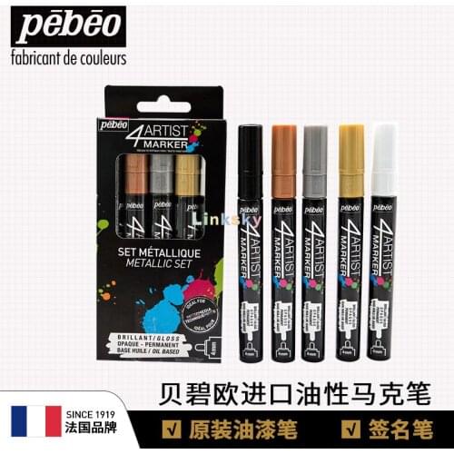 Pebeo 4A Rtist Marker,Oil Paint Markers,Metallic,Basic Set of 5 X 4 mm,Round Tip Ideal for Drawing,Finishing Touches and Writing