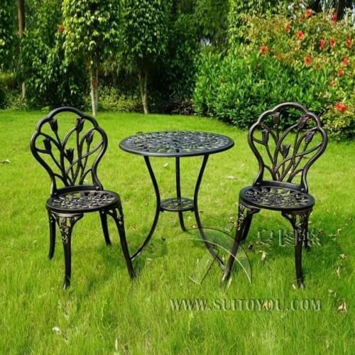 3 piece of Aluminum Bistro Set In Antique Copper chairs and table for Garden with Tulip design