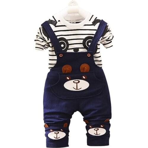 Baby boy clothes 0-3 years old spring and autumn cotton bib suit cartoon cute striped casual sports clothing baby two-piece suit