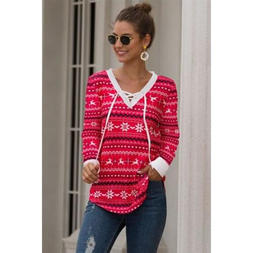 Autumn Women Fashion Casual Tops Long Sleeve Christmas Sweatshirts Red Splice Festival Print Loose Tops Pullover Tops