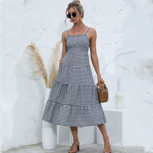 Summer Dress Women Off Shoulder Sleeveless Plaid Print Big Swing Dress For Women Suspender Halter Maxi Dress Robes Femme Vestido
