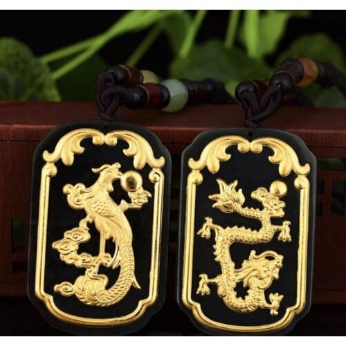 Hetian Jades Good Luck Top Quality Men Women Necklaces Hetian jades pendant of goldes Moyu Golden Dragon and Phoenix Pendant