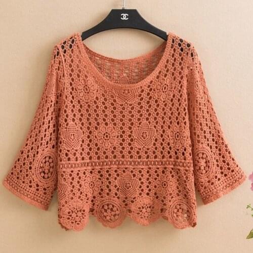 Pullover summer short hedging knitted hollow flower small outer super fairy all-match lace top