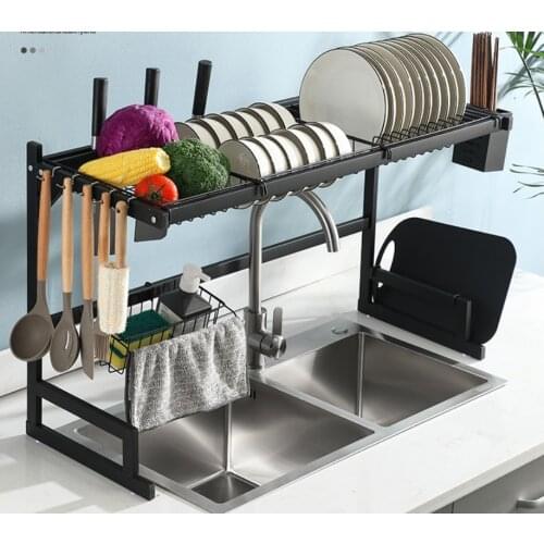Black of telescopic kitchen sink stainless steel storage rack to wear knife and bowl