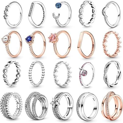 High-Quality 100% 925 Sterling Silver pan Sparkling Snowflake Double Ring Crescent Moon Beaded Rings Christmas Gift