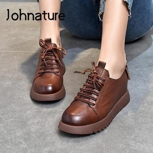 Johnature Genuine Leather Pumps Women Shoes 2021 New Increased Internal Round Toe Lace-Up Handmade Retro Platform Ladies Shoes