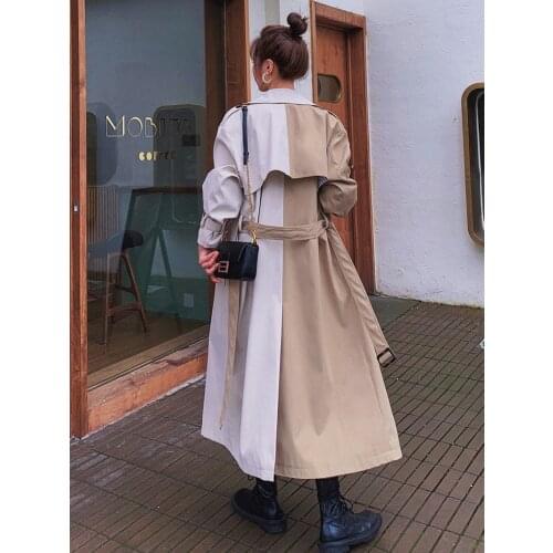Womens X-long Trench Coat Stitching Temperament British Style Ladies Spring Autumn Outwear Fashion Color Contrast Trench Coats