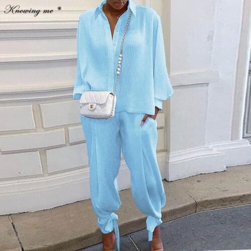 Womens Pleated blouse Suit Summer Autumn Screw Loose Top Long Sleeve Shirt Pocket Pants with Lace Up Hem two piece set 3XL