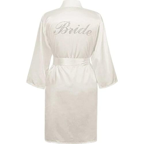 Bridal Yukata Satin Wedding Robes With Clear Rhinestones-Bride&Bridesmaid Edition Women Faux Silk Kimono Robe Wedding Bride Robe