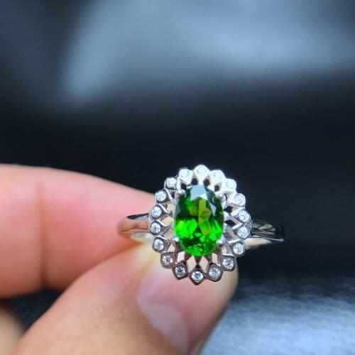 925 Sterling Silver White Gold Plated Rose Gold Inlaid Natural Diopside Ring Siberian Emerald Female Jewelry