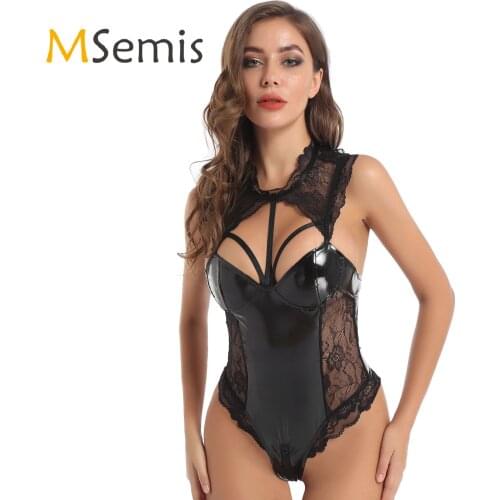MSemis Womens Ladies Lingerie Body Costumes Clubwear Lace-up Sexy Leather Skinny Bodysuit Catsuit Lace Splice Exotic Teddies