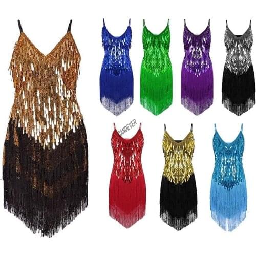 Ladies Womens Red Blue Gold Sexy Tassel Latin Dance Dress Fringe Sequin Salsa Ballroom Tango Cha Cha Rumba Samba Dance Dresses