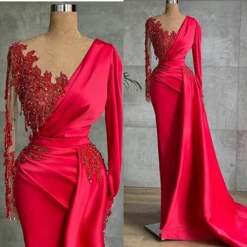 Red Beading Evening Gowns Sheer Jewel Neck Long Sleeve Mermaid Prom Dresses Party Wear Women Robes De Soirée