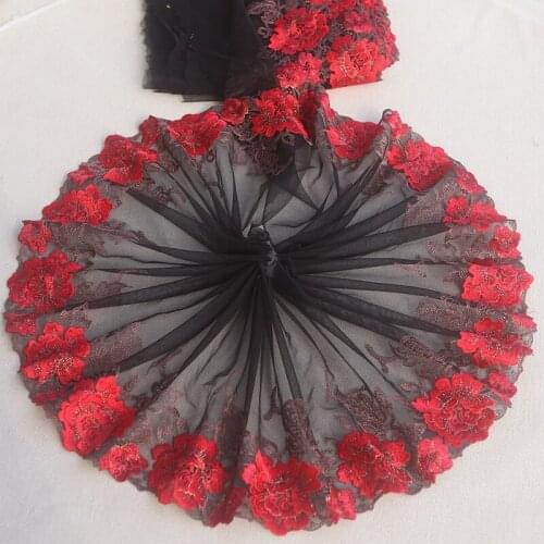 2Yards/Lot High Quality Black + Red Embroidery Lace Fabric Mesh Lace Ribbon Tulle Guipure Cord Lace Sewing DIY Cloth