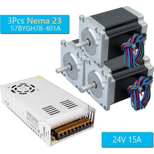3pcs Nema23 CNC Router Stepper Motor 2 Phase 4-Wire 57BYGH78-401A Single Shaft + 360W 24V 15A Switching Power Supply PSU
