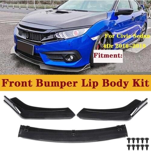 3PCS Universal Car Front Lower Bumper Lip Spoiler Body Kit For Honda For Civic Sedan 4Dr 2016-2018 Carbon Look / Glossy Black