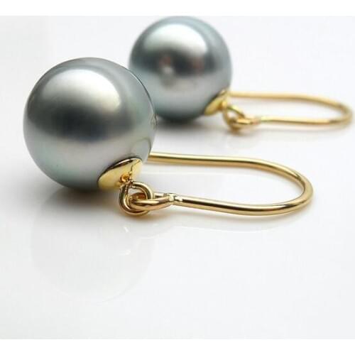 9.5-10MM Round Genuine Tahitian Gray Pearl Hook Drop Earrings 14K Yellow Gold