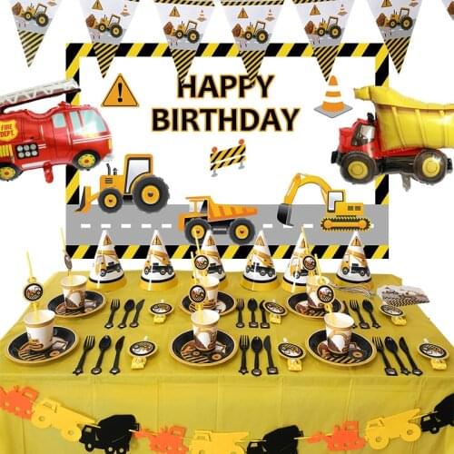 Construction Party Excavator Kids Boys Theme Birthday Party Supplies Paper Plates Straws Disposable Tableware Decoration