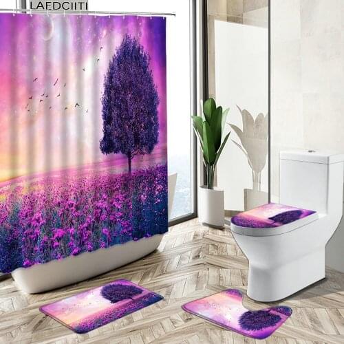 Flower Rural Scenery Shower Curtain Romantic Purple Lavender Poppy Trees Landscape Non-Slip Carpet Toilet Cover Floor Mat Set