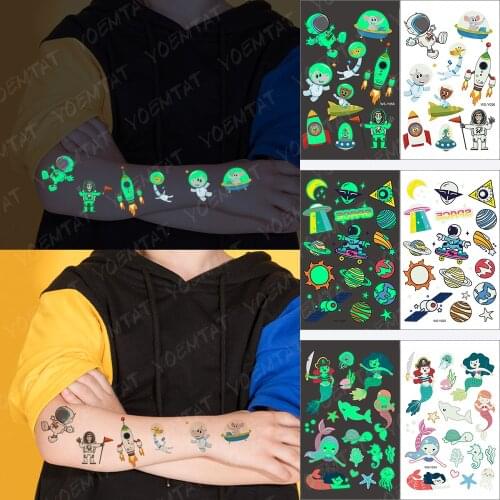 Temporary Tattoos For Boys Girls Children Small Face Colored Baby Luminous Astronaut Planet Spaceship Art Flash Fake Tatoo Cool