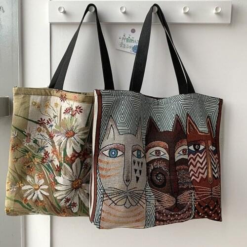 Women Canvas Tote Bag Vintage Animal Floral Shoulder Bag Large Capacity Handbag Storage Shopping Bags Female Packs New