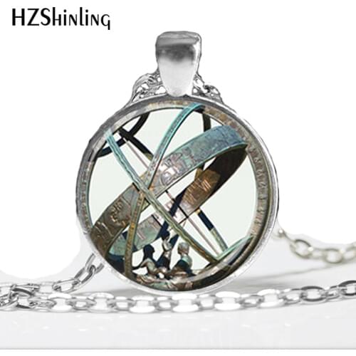 HZ--A197 Astronomical Sundial Globe Pendant Astronomy Necklace Aqua Bronze Astrological Vintage Glass Photo Jewelry (Not 3D) HZ1